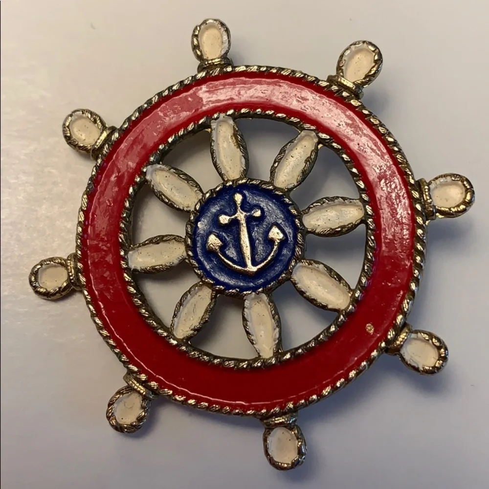 VTG JJ Ship Wheel Nautical Enamel Brooch Gold Tone Jonette Jewelry Co Patriotic